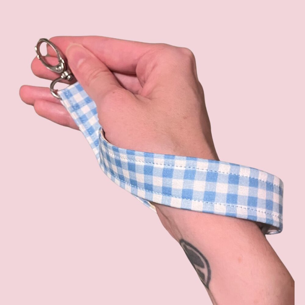 Handmade Blue Gingham Plaid & Floral Wristlet Keychain - Picture 3 of 3